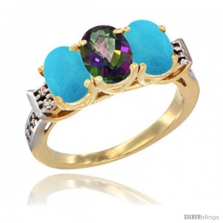 10K Yellow Gold Natural Mystic Topaz & Turquoise Sides Ring 3-Stone Oval 7x5 mm Diamond Accent