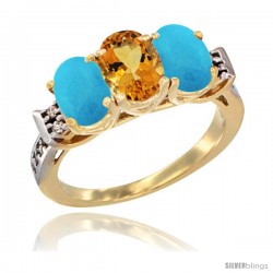 10K Yellow Gold Natural Citrine & Turquoise Sides Ring 3-Stone Oval 7x5 mm Diamond Accent