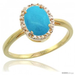 10k Yellow Gold Diamond Sleeping Beauty Turquoise Halo Ring 8X6 mm Oval Shape, 1/2 in wide