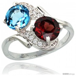 14k White Gold ( 7 mm ) Double Stone Engagement Swiss Blue Topaz & Garnet Ring w/ 0.05 Carat Brilliant Cut Diamonds & 2.34