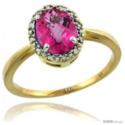 14k Yellow Gold Diamond Halo Pink Topaz Ring 1.2 ct Oval Stone 8x6 mm, 1/2 in wide