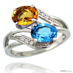 14k White Gold ( 8x6 mm ) Double Stone Engagement Swiss Blue Topaz & Citrine Ring w/ 0.07 Carat Brilliant Cut Diamonds & 2.34