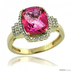 14k Yellow Gold Diamond Halo Pink Topaz Ring 2.4 ct Cushion Cut 9x7 mm, 1/2 in wide