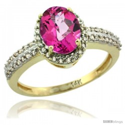 14k Yellow Gold Diamond Halo Pink Topaz Ring 1.2 ct Oval Stone 8x6 mm, 3/8 in wide