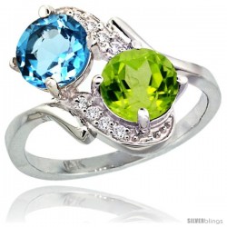 14k White Gold ( 7 mm ) Double Stone Engagement Swiss Blue Topaz & Peridot Ring w/ 0.05 Carat Brilliant Cut Diamonds & 2.34