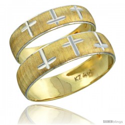 10k Gold 2-Piece Wedding Band Ring Set Him & Her 5.5mm & 4.5mm Diamond-cut Pattern Rhodium Accent -Style 10y508w2