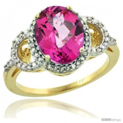 14k Yellow Gold Diamond Halo Pink Topaz Ring 2.4 ct Oval Stone 10x8 mm, 1/2 in wide