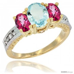14k Yellow Gold Ladies Oval Natural Aquamarine 3-Stone Ring with Pink Topaz Sides Diamond Accent