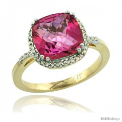 14k Yellow Gold Diamond Pink Topaz Ring 3.05 ct Cushion Cut 9x9 mm, 1/2 in wide