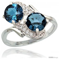 14k White Gold ( 7 mm ) Double Stone Engagement London Blue Topaz Ring w/ 0.05 Carat Brilliant Cut Diamonds & 2.34 Carats Round