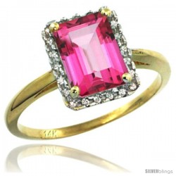 14k Yellow Gold Diamond Pink Topaz Ring 1.6 ct Emerald Shape 8x6 mm, 1/2 in wide