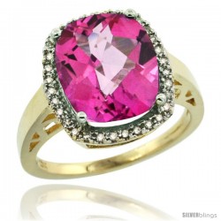 14k Yellow Gold Diamond Pink Topaz Ring 5.17 ct Checkerboard Cut Cushion 12x10 mm, 1/2 in wide