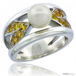 Sterling Silver Chevron Style Pearl Ring Band w/ Citrine-colored CZ Stones 7/16 in. (11.5 mm) wide