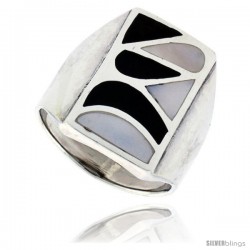 Sterling Silver High Polish Shell Ring, w/ Black & White Mother of Pearl Inlay, 7/8" (23 mm) wide