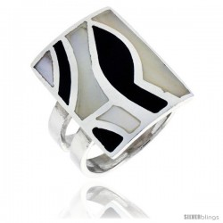 Sterling Silver Rectangular Shell Ring, w/Black & White Mother of Pearl Inlay, 15/16" (24 mm) wide