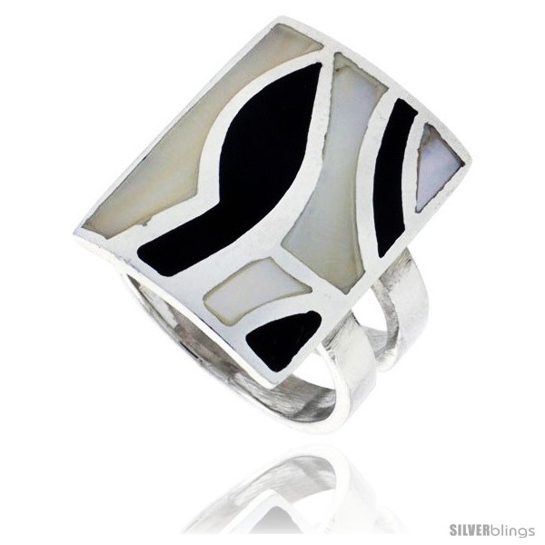 wide 15/16 Sterling Silver Crisscross Rectangular Shell Ring size 8.5 w/Black & White Mother of Pearl Inlay 24mm