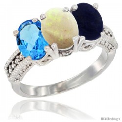 14K White Gold Natural Swiss Blue Topaz, Opal & Lapis Ring 3-Stone 7x5 mm Oval Diamond Accent