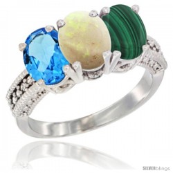 14K White Gold Natural Swiss Blue Topaz, Opal & Malachite Ring 3-Stone 7x5 mm Oval Diamond Accent