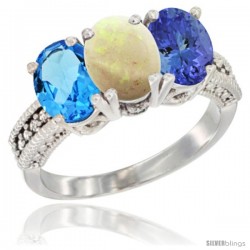 14K White Gold Natural Swiss Blue Topaz, Opal & Tanzanite Ring 3-Stone 7x5 mm Oval Diamond Accent