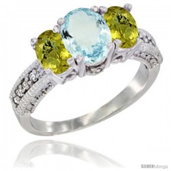 10K White Gold Ladies Oval Natural Aquamarine 3-Stone Ring with Lemon Quartz Sides Diamond Accent