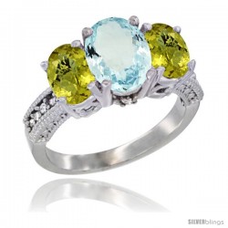 10K White Gold Ladies Natural Aquamarine Oval 3 Stone Ring with Lemon Quartz Sides Diamond Accent