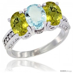 10K White Gold Natural Aquamarine & Lemon Quartz Sides Ring 3-Stone Oval 7x5 mm Diamond Accent