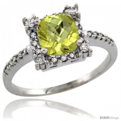 10k White Gold Diamond Halo Lemon Quartz Ring 1.2 ct Checkerboard Cut Cushion 6 mm, 11/32 in wide