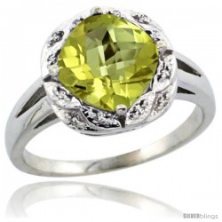 10k White Gold Diamond Halo Lemon Quartz Ring 2.7 ct Checkerboard Cut Cushion Shape 8 mm, 1/2 in wide