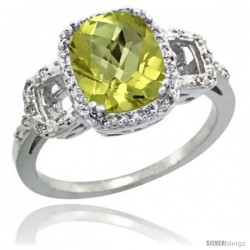 10k White Gold Diamond Lemon Quartz Ring 2 ct Checkerboard Cut Cushion Shape 9x7 mm, 1/2 in wide