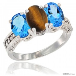 14K White Gold Natural Tiger Eye & Swiss Blue Topaz Sides Ring 3-Stone 7x5 mm Oval Diamond Accent