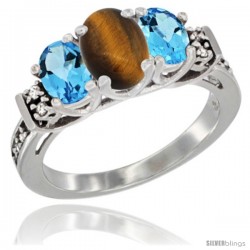 14K White Gold Natural Tiger Eye & Swiss Blue Topaz Ring 3-Stone Oval with Diamond Accent