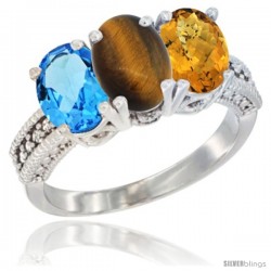 14K White Gold Natural Swiss Blue Topaz, Tiger Eye & Whisky Quartz Ring 3-Stone 7x5 mm Oval Diamond Accent