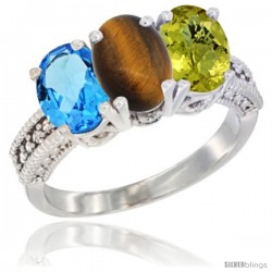 14K White Gold Natural Swiss Blue Topaz, Tiger Eye & Lemon Quartz Ring 3-Stone 7x5 mm Oval Diamond Accent