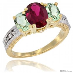 10K Yellow Gold Ladies Oval Natural Ruby 3-Stone Ring with Green Amethyst Sides Diamond Accent