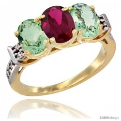 10K Yellow Gold Natural Ruby & Green Amethyst Sides Ring 3-Stone Oval 7x5 mm Diamond Accent