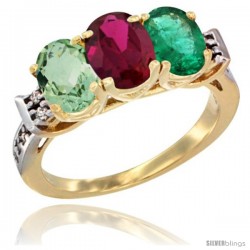 10K Yellow Gold Natural Green Amethyst, Ruby & Emerald Ring 3-Stone Oval 7x5 mm Diamond Accent