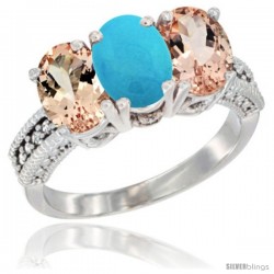 14K White Gold Natural Turquoise & Morganite Sides Ring 3-Stone Oval 7x5 mm Diamond Accent