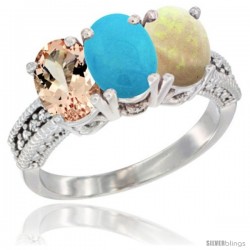 14K White Gold Natural Morganite, Turquoise & Opal Ring 3-Stone Oval 7x5 mm Diamond Accent