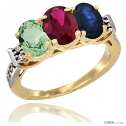 10K Yellow Gold Natural Green Amethyst, Ruby & Blue Sapphire Ring 3-Stone Oval 7x5 mm Diamond Accent