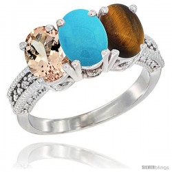 14K White Gold Natural Morganite, Turquoise & Tiger Eye Ring 3-Stone Oval 7x5 mm Diamond Accent