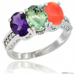 10K White Gold Natural Amethyst, Green Amethyst & Coral Ring 3-Stone Oval 7x5 mm Diamond Accent