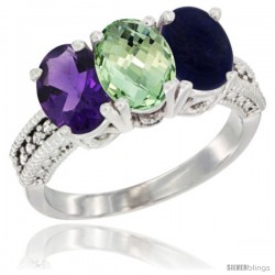 10K White Gold Natural Amethyst, Green Amethyst & Lapis Ring 3-Stone Oval 7x5 mm Diamond Accent