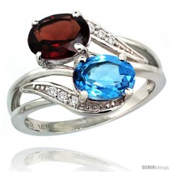 14k White Gold ( 8x6 mm ) Double Stone Engagement Swiss Blue Topaz & Garnet Ring w/ 0.07 Carat Brilliant Cut Diamonds & 2.34