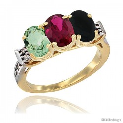 10K Yellow Gold Natural Green Amethyst, Ruby & Black Onyx Ring 3-Stone Oval 7x5 mm Diamond Accent