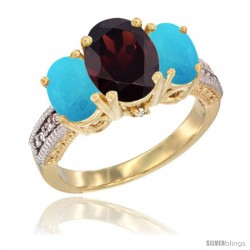 10K Yellow Gold Ladies 3-Stone Oval Natural Garnet Ring with Turquoise Sides Diamond Accent