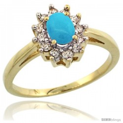 10k Yellow Gold Sleeping Beauty Turquoise Diamond Halo Ring Oval Shape 1.2 Carat 6X4 mm, 1/2 in wide