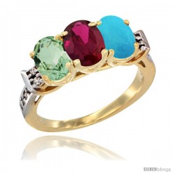 10K Yellow Gold Natural Green Amethyst, Ruby & Turquoise Ring 3-Stone Oval 7x5 mm Diamond Accent