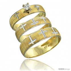 10k Gold 3-Piece Trio Diamond Wedding Ring Set Him & Her 0.10 ct Rhodium Accent Diamond-cut Pattern -Style 10y508w3