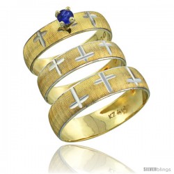 10k Gold 3-Piece Trio Blue Sapphire Wedding Ring Set Him & Her 0.10 ct Rhodium Accent Diamond-cut Pattern -Style 10y508w3