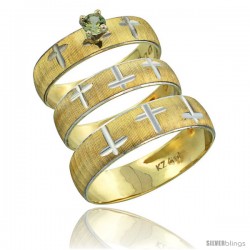 10k Gold 3-Piece Trio Green Sapphire Wedding Ring Set Him & Her 0.10 ct Rhodium Accent Diamond-cut Pattern -Style 10y508w3